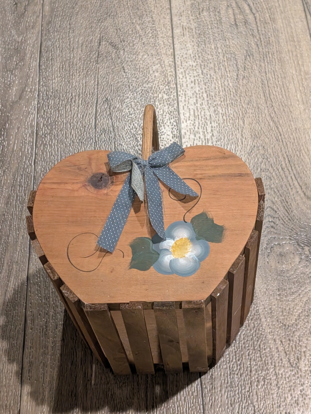 Rustic Heart-Shaped Wooden Accent Box with Blue Flower Detail